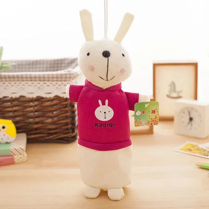 Soft plush rabbit-shaped pencil case in assorted colours, shown with pens inside.