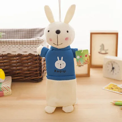 Soft plush rabbit-shaped pencil case in assorted colours, shown with pens inside.