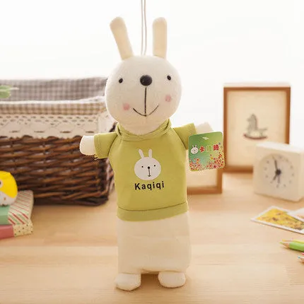 Soft plush rabbit-shaped pencil case in assorted colours, shown with pens inside.