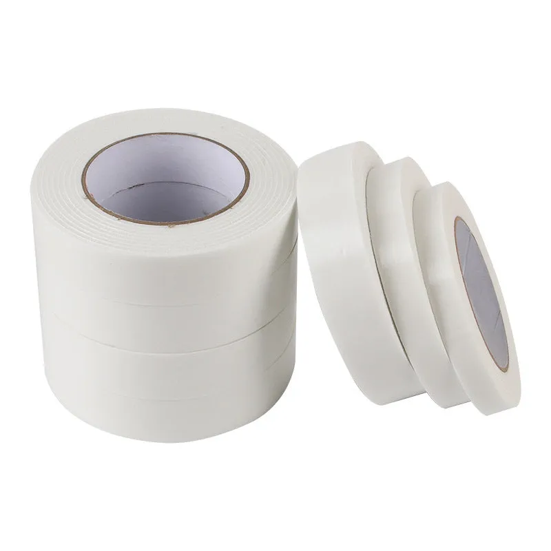 Roll of 3mm thick foam double-sided adhesive tape showing sponge core, with size options 15mm, 18mm, and 30mm wide.
