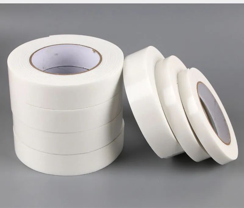 Roll of 3mm thick foam double-sided adhesive tape showing sponge core, with size options 15mm, 18mm, and 30mm wide.