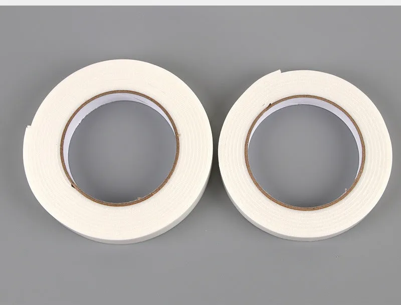 Roll of 3mm thick foam double-sided adhesive tape showing sponge core, with size options 15mm, 18mm, and 30mm wide.