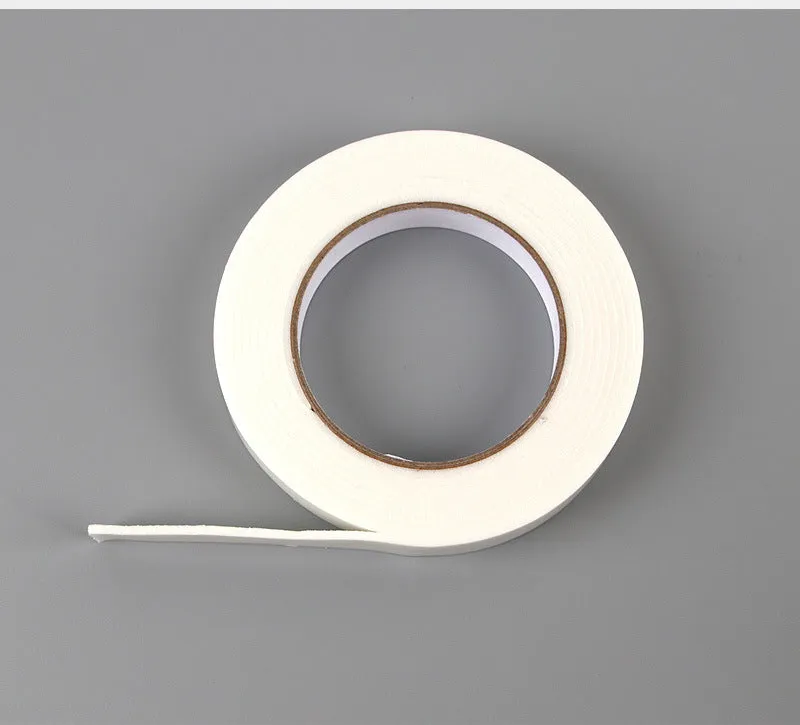 Roll of 3mm thick foam double-sided adhesive tape showing sponge core, with size options 15mm, 18mm, and 30mm wide.