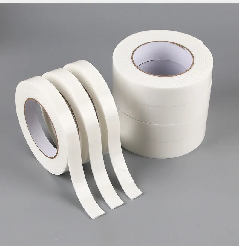 Roll of 3mm thick foam double-sided adhesive tape showing sponge core, with size options 15mm, 18mm, and 30mm wide.