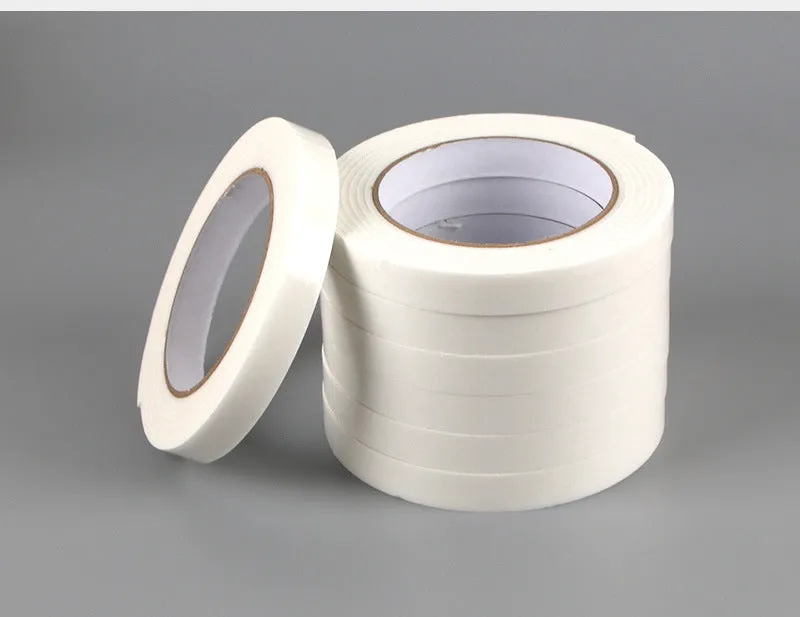 Roll of 3mm thick foam double-sided adhesive tape showing sponge core, with size options 15mm, 18mm, and 30mm wide.
