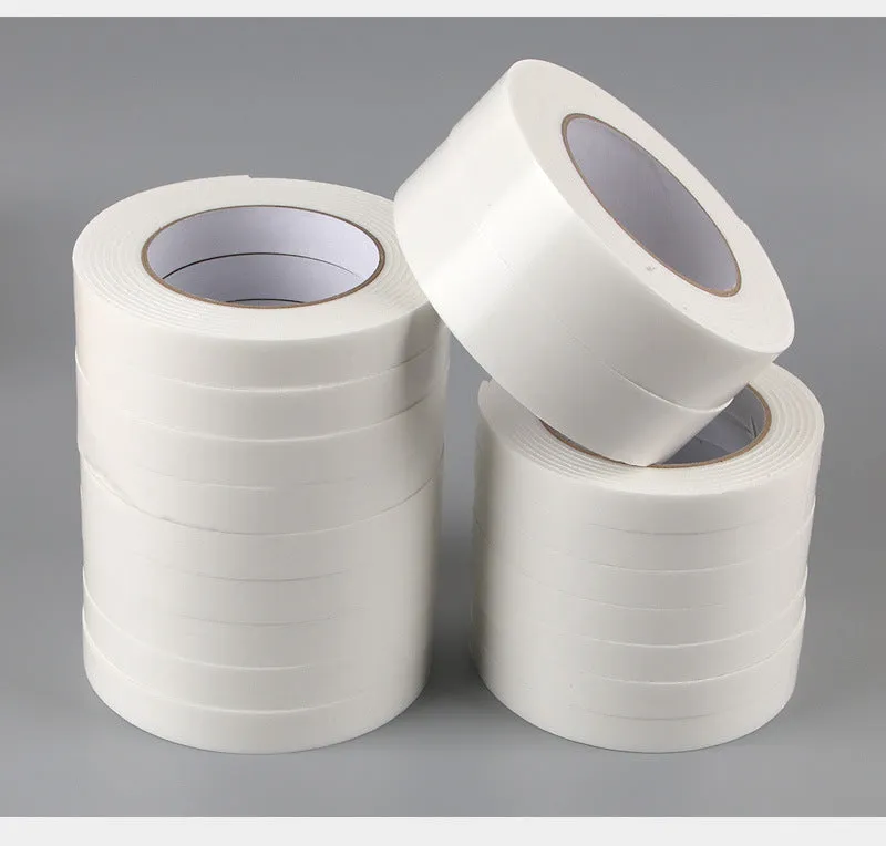 Roll of 3mm thick foam double-sided adhesive tape showing sponge core, with size options 15mm, 18mm, and 30mm wide.