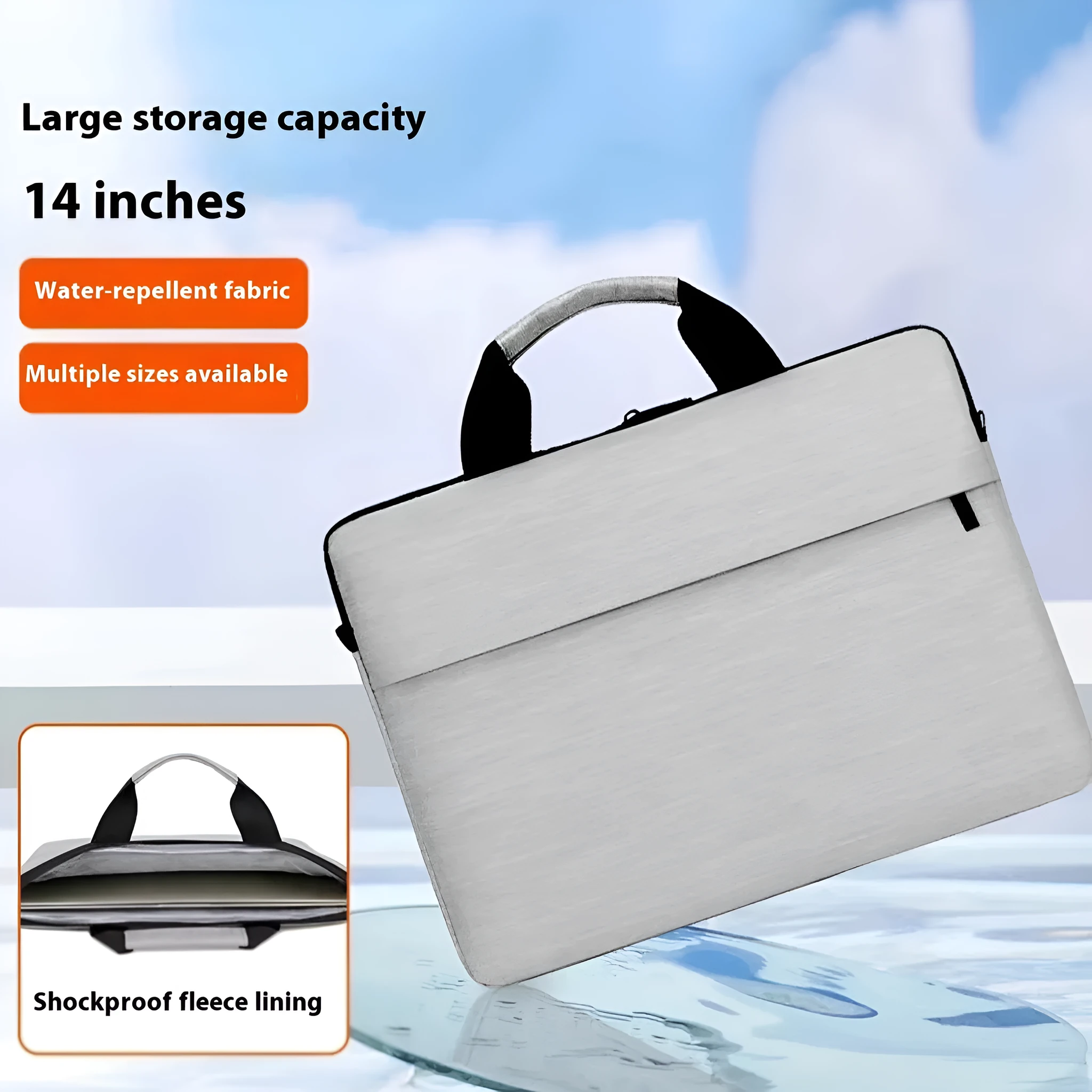 Grey Oxford cloth men's expandable laptop bag with polyester lining and sewing thread detail.