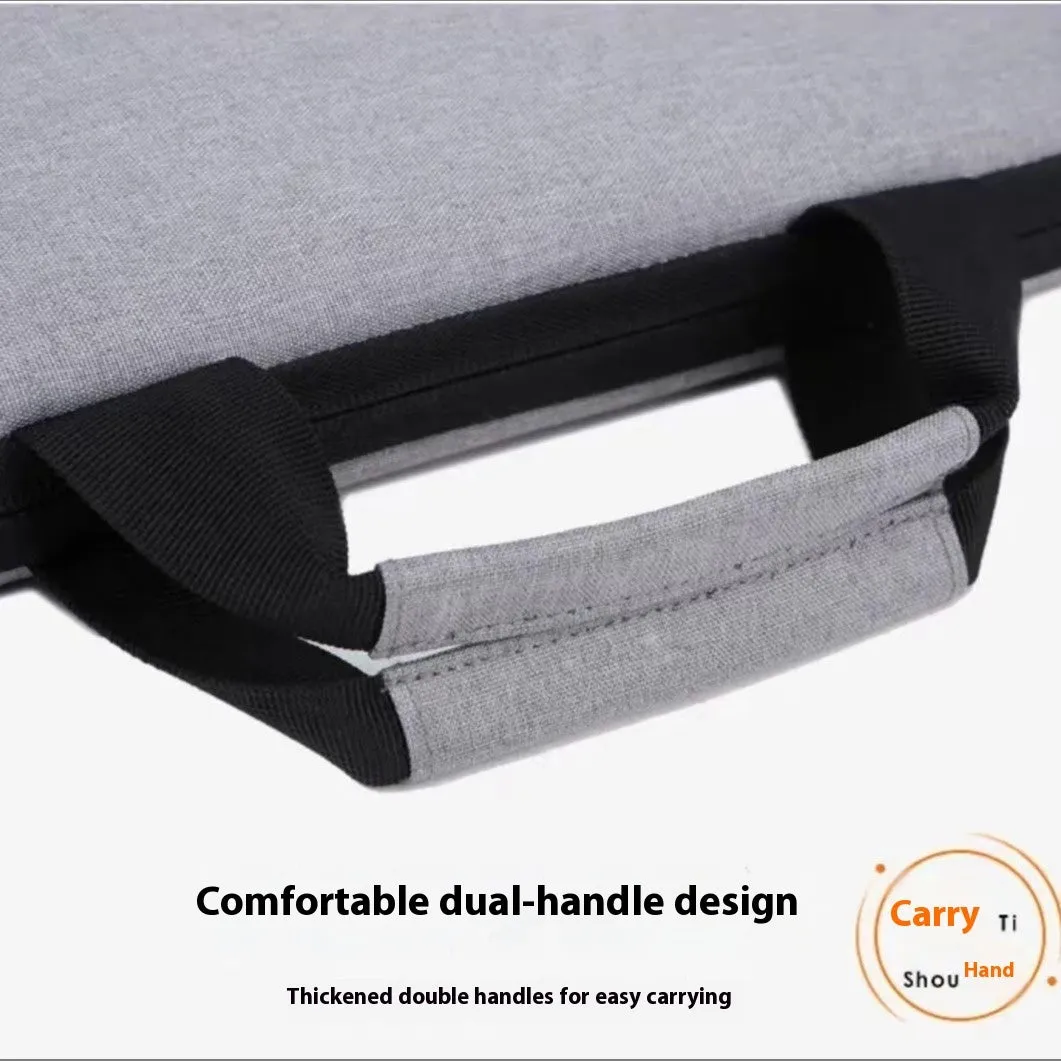 Grey Oxford cloth men's expandable laptop bag with polyester lining and sewing thread detail.