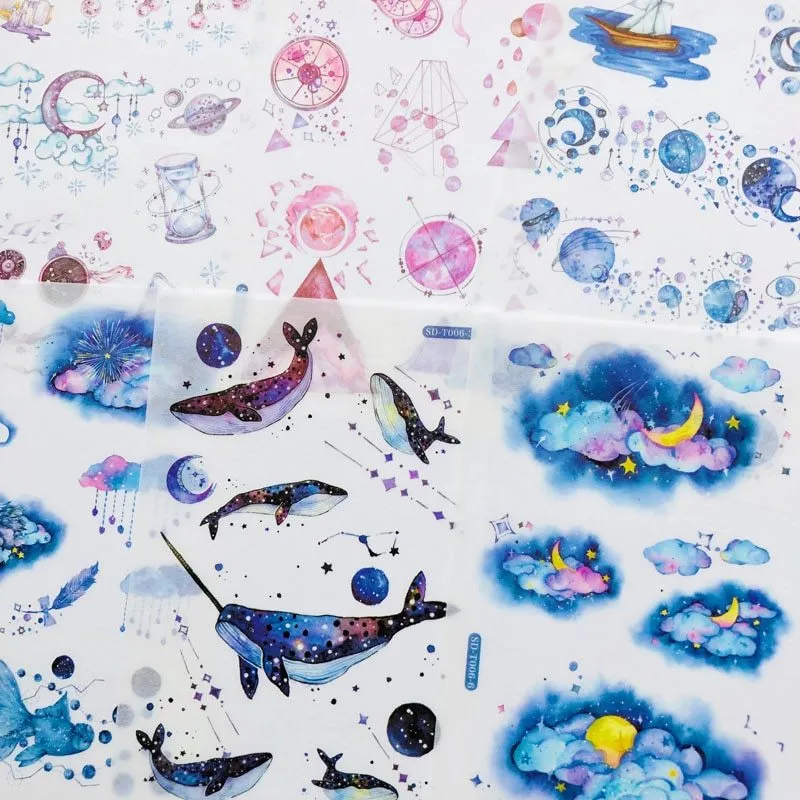 Abu Japanese paper sticker set with fantasy stars pattern, showing 10.5 by 14.1 cm size