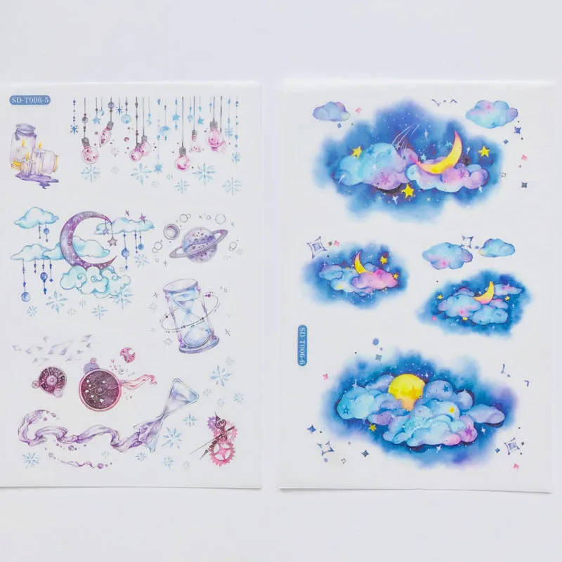Abu Japanese paper sticker set with fantasy stars pattern, showing 10.5 by 14.1 cm size