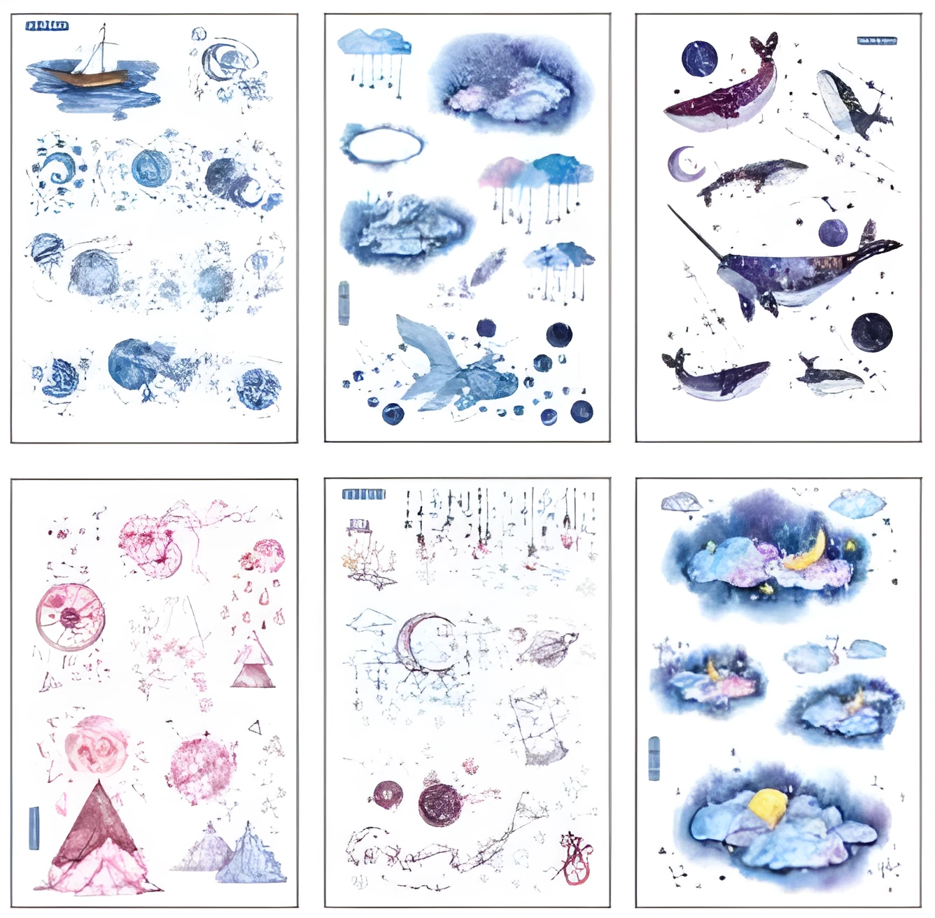 Abu Japanese paper sticker set with fantasy stars pattern, showing 10.5 by 14.1 cm size