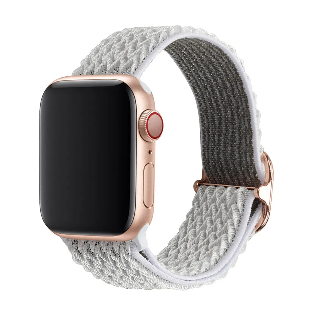 Braided nylon elastic strap with wave pattern for Apple Watch, shown in multiple colour options.