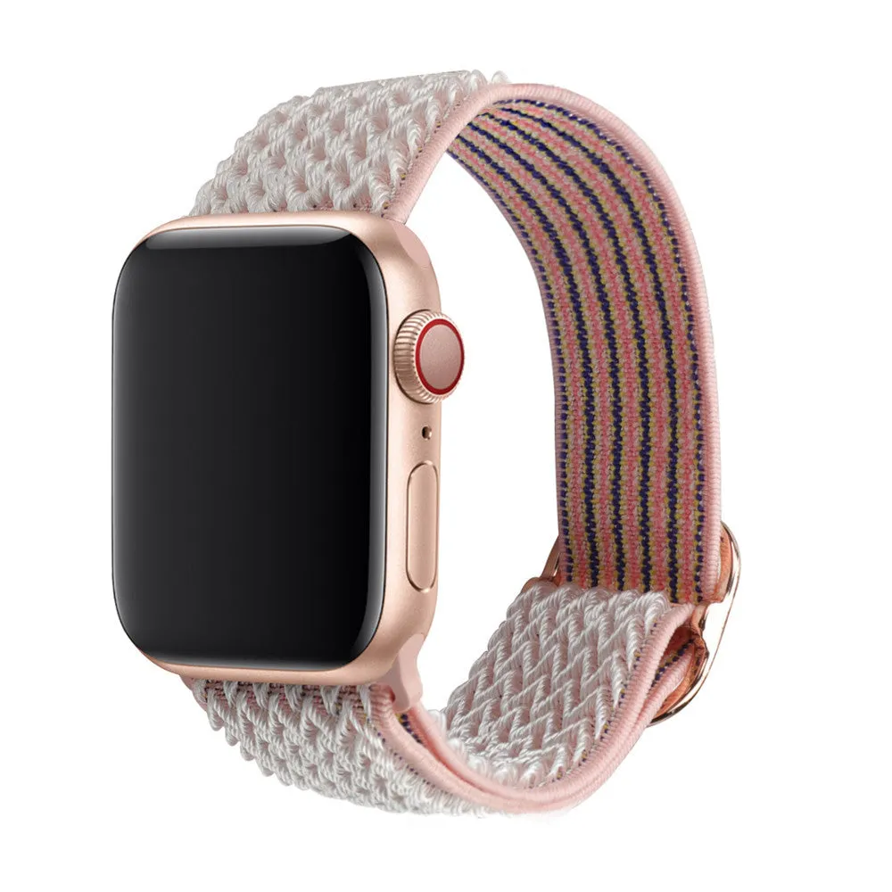 Braided nylon elastic strap with wave pattern for Apple Watch, shown in multiple colour options.