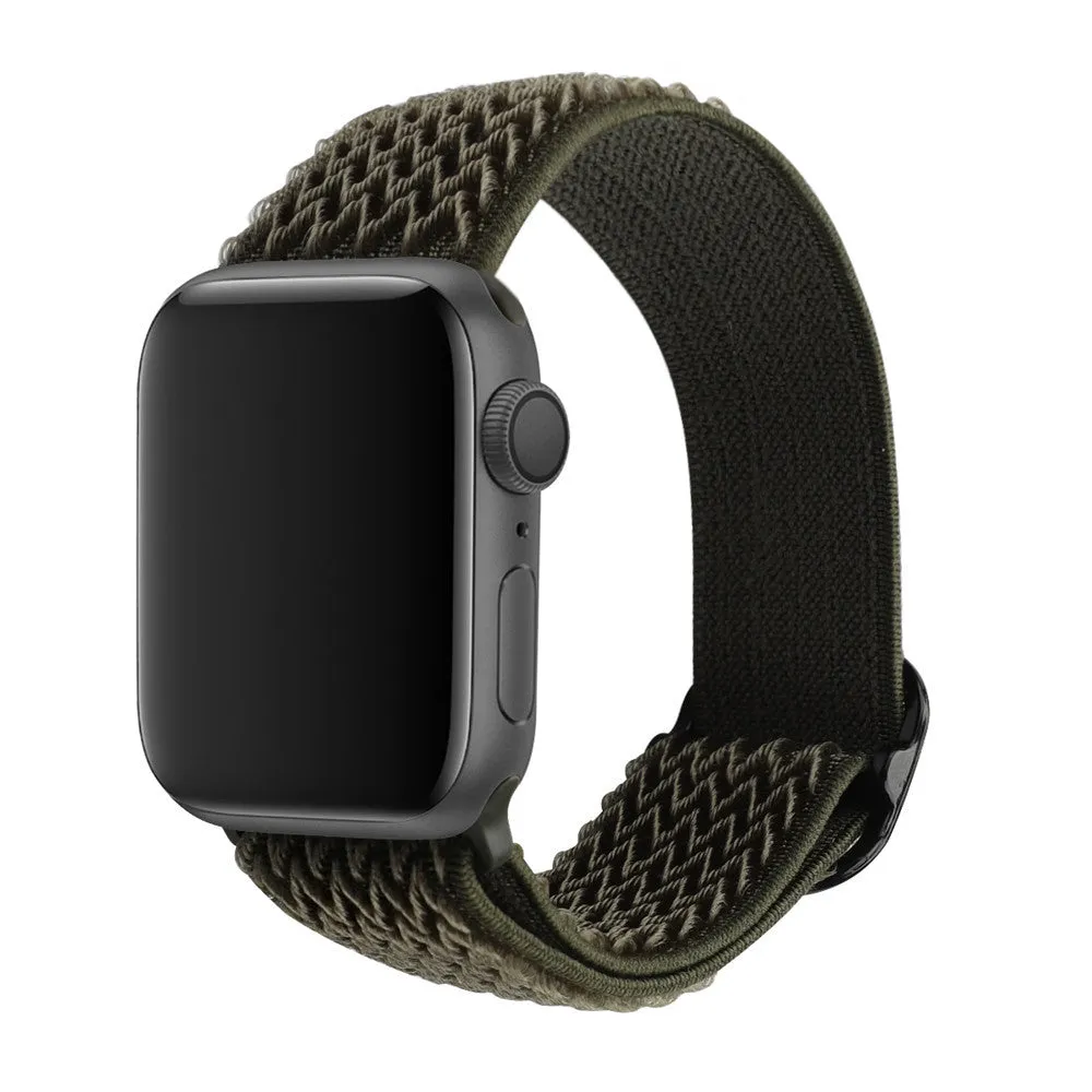 Braided nylon elastic strap with wave pattern for Apple Watch, shown in multiple colour options.
