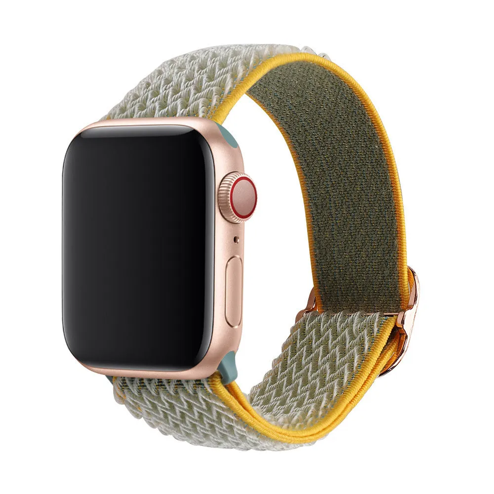 Braided nylon elastic strap with wave pattern for Apple Watch, shown in multiple colour options.