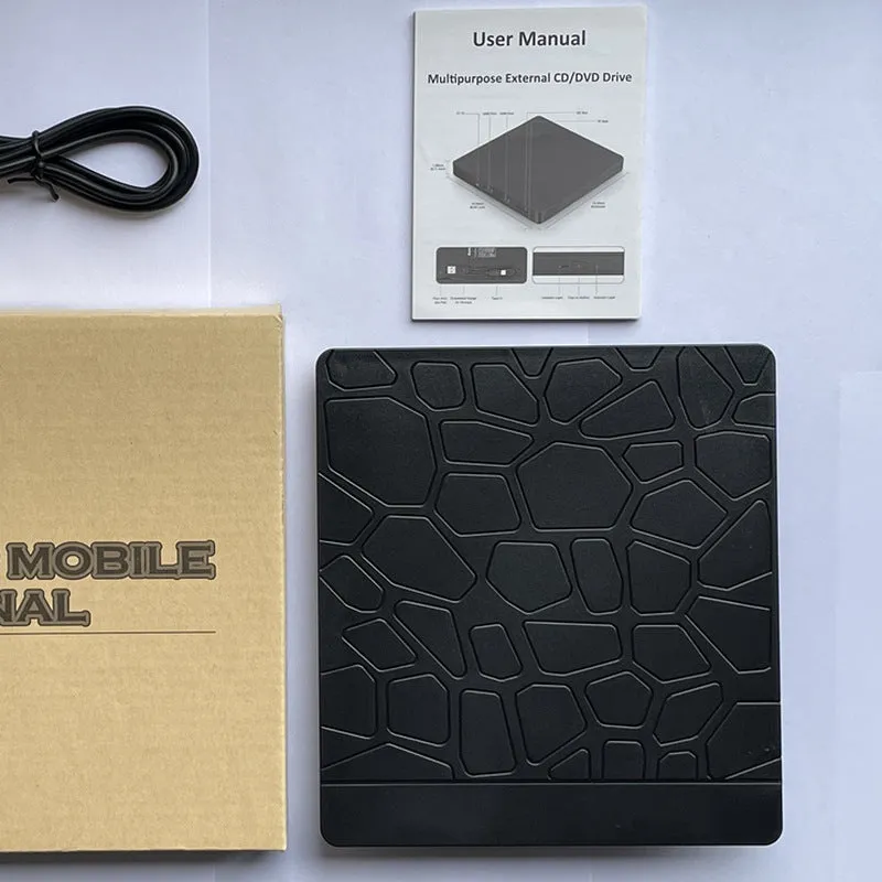 Black portable external optical drive with dual interface connections for laptop computers
