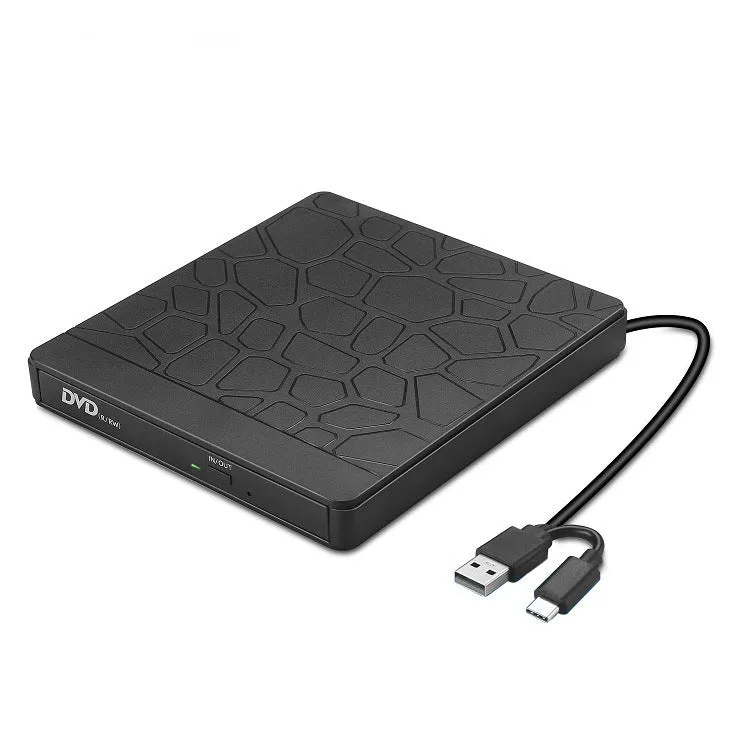Black portable external optical drive with dual interface connections for laptop computers