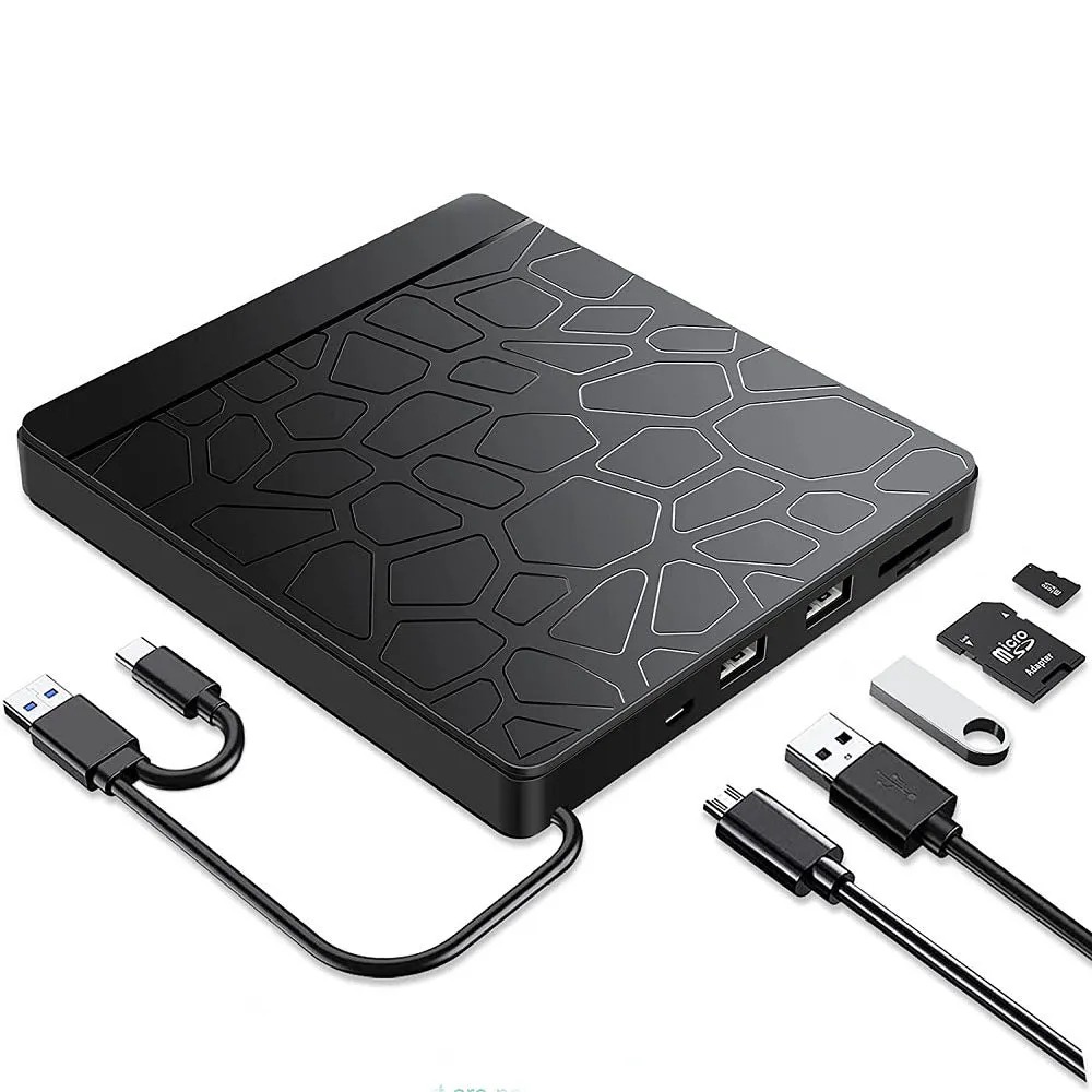 Black portable external optical drive with dual interface connections for laptop computers