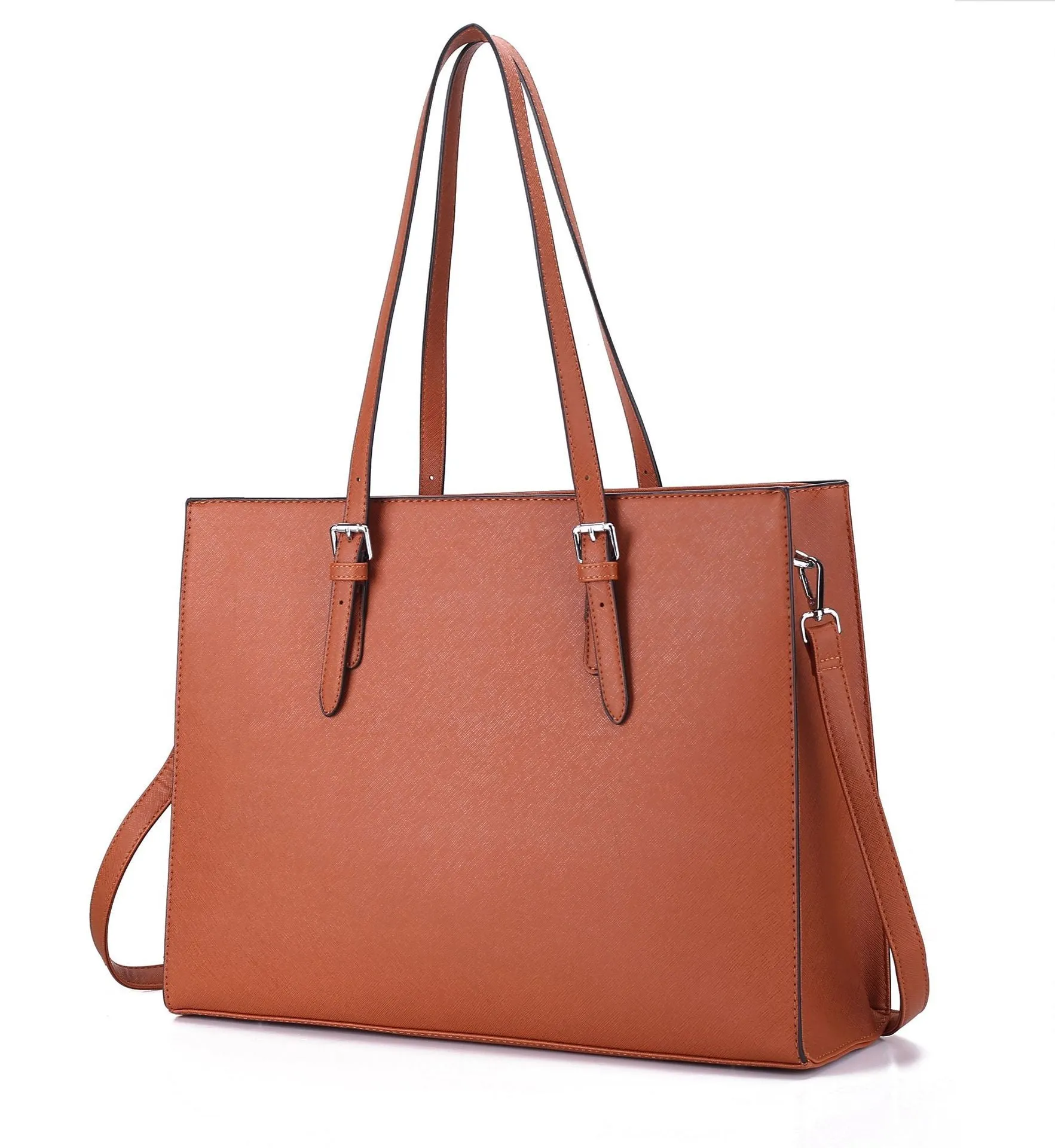 Large black women's business shoulder bag showing computer compartment and three adjustable straps