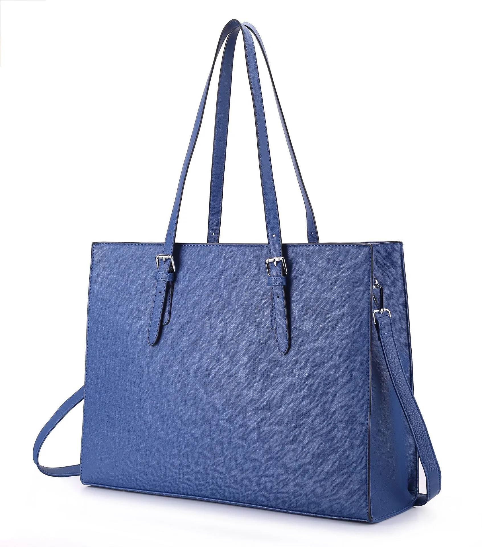 Large black women's business shoulder bag showing computer compartment and three adjustable straps