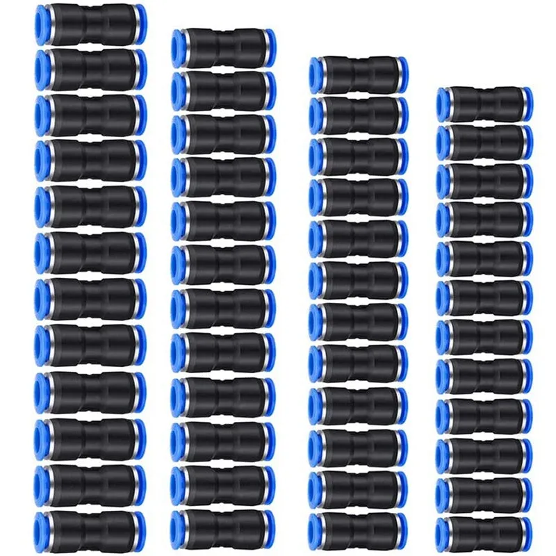 Blue Jinqi pneumatic straight through quick connector for PU tubing sizes 4mm to 16mm.