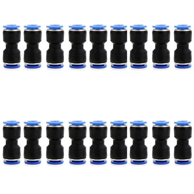 Blue Jinqi pneumatic straight through quick connector for PU tubing sizes 4mm to 16mm.