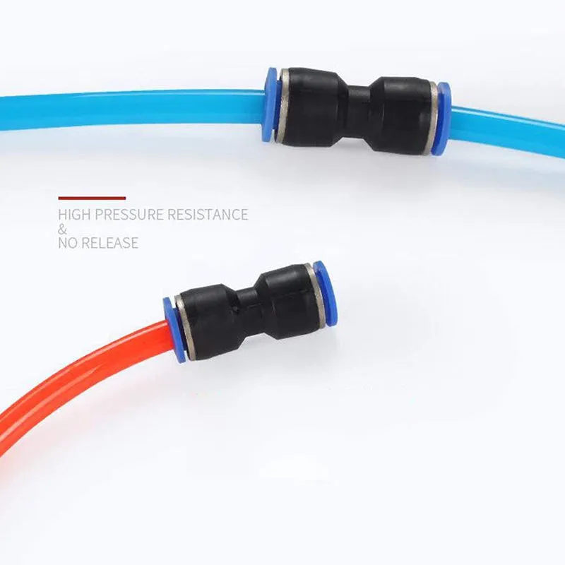 Blue Jinqi pneumatic straight through quick connector for PU tubing sizes 4mm to 16mm.