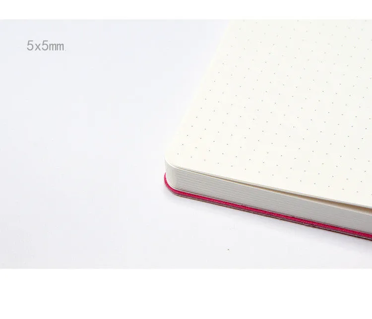 Blue and pink soft touch A5 dotted notebooks showing dot grid pages and imitation leather cover.