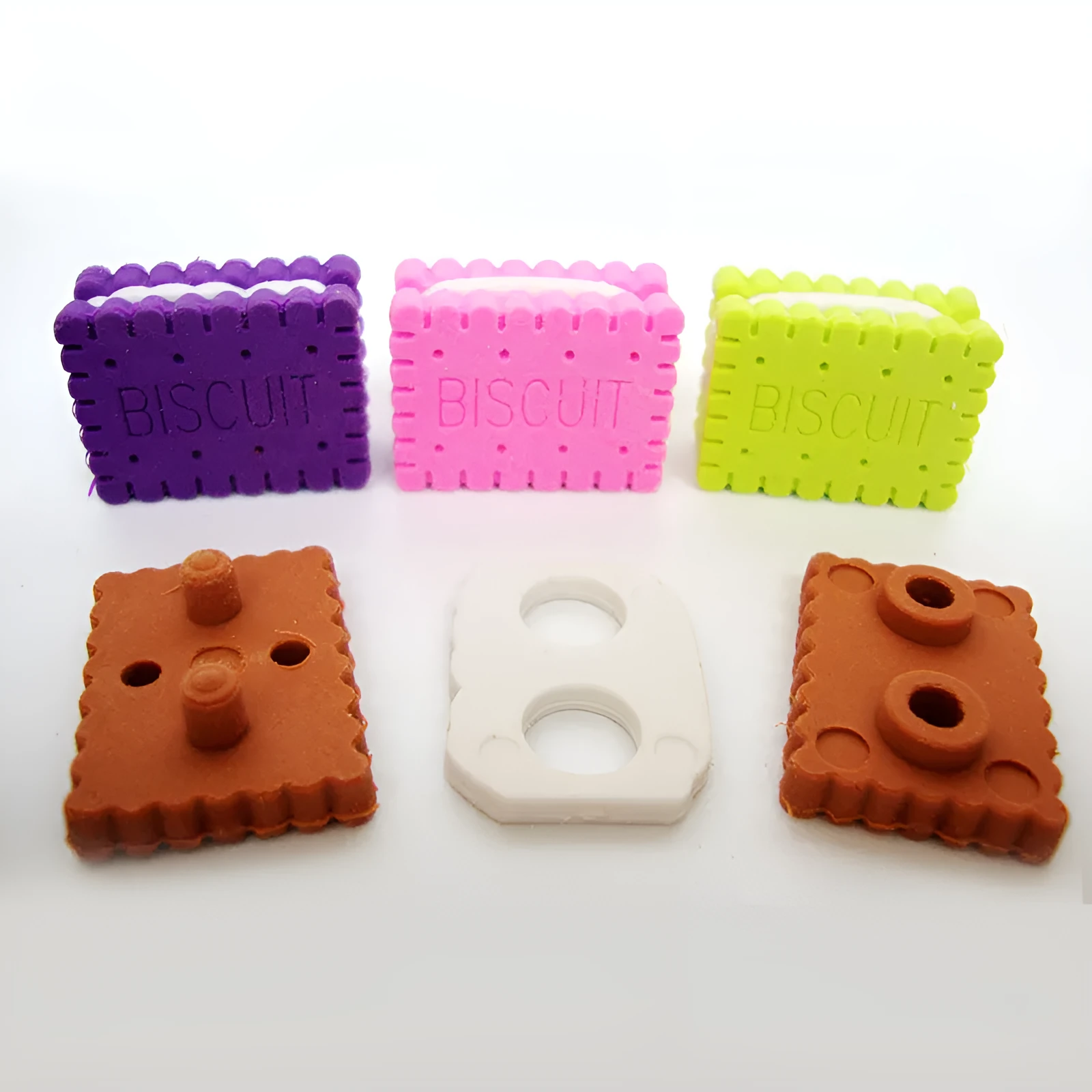 Sandwich biscuit shaped novelty eraser in brown, pink, green, and purple colour options