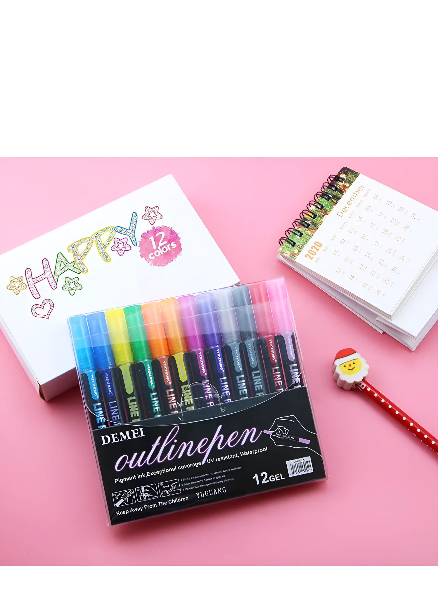 12-colour double line outline pen set in metal case with 1mm-2mm width plastic pen heads
