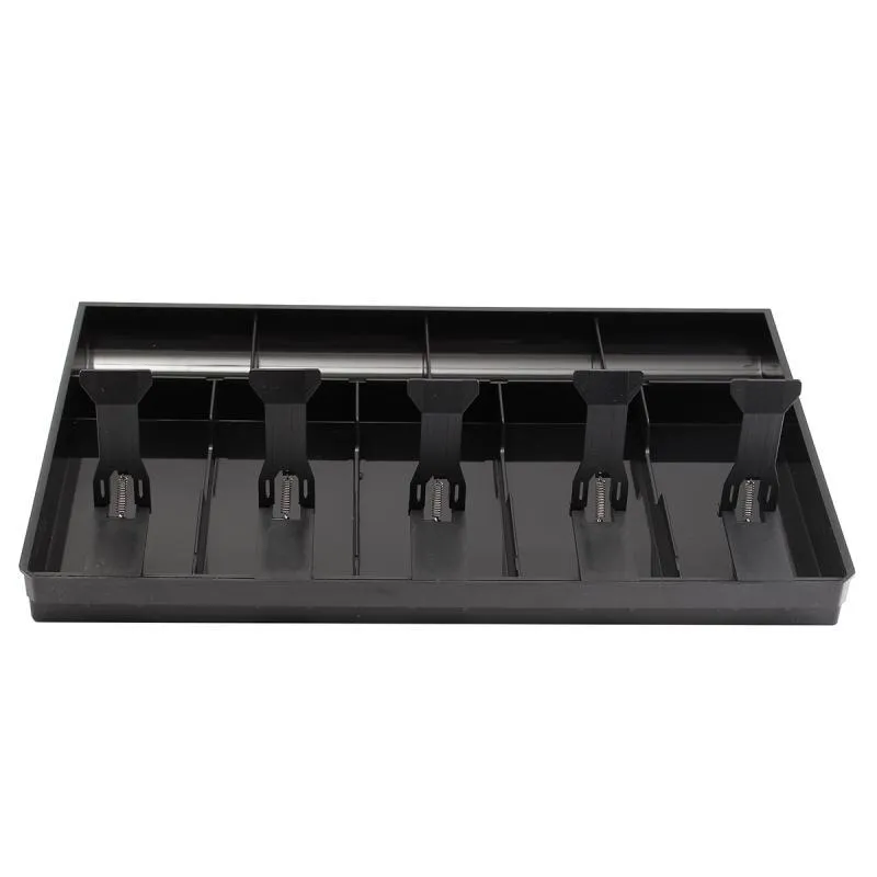 Black and white ABS plastic cash register box with five drawers for banknotes and coins.