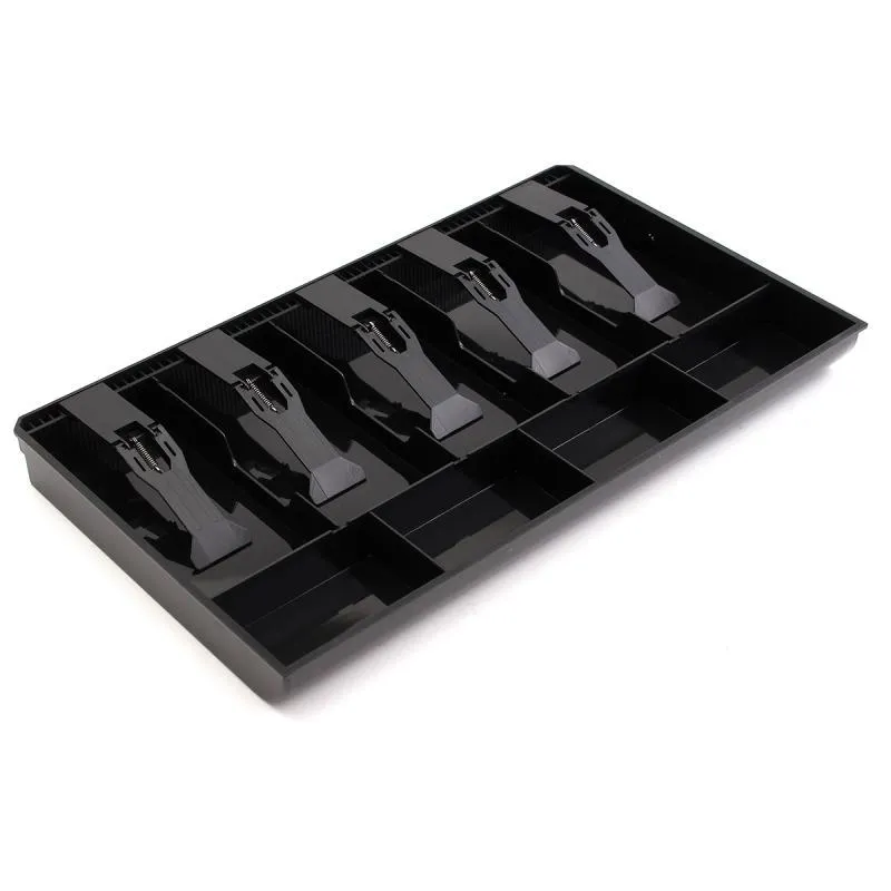 Black and white ABS plastic cash register box with five drawers for banknotes and coins.