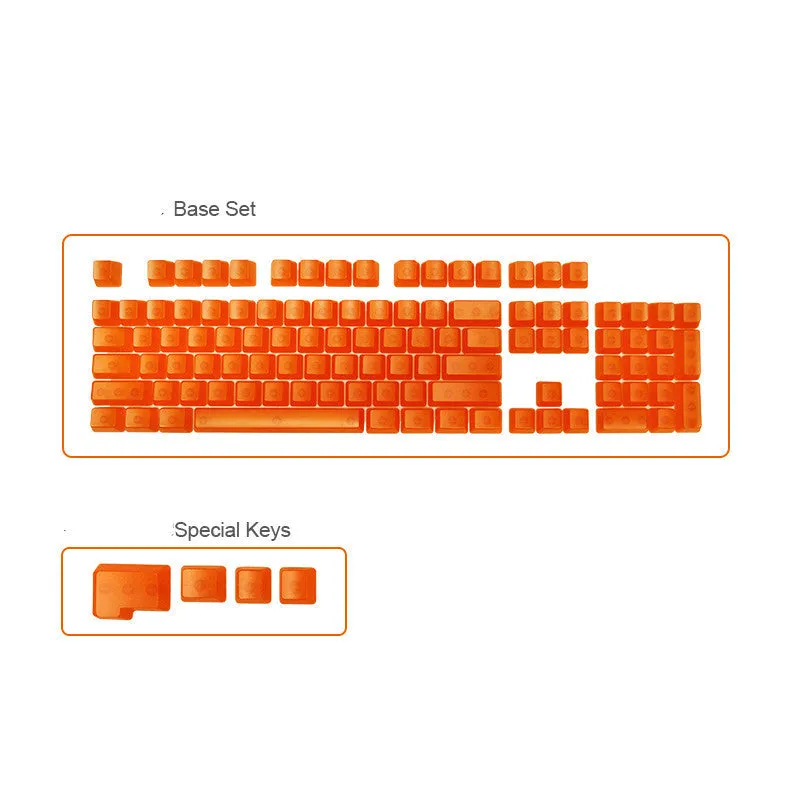Set of 104 transparent mechanical keyboard keycaps in orange, white, blue and black colours