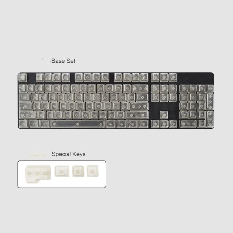 Set of 104 transparent mechanical keyboard keycaps in orange, white, blue and black colours