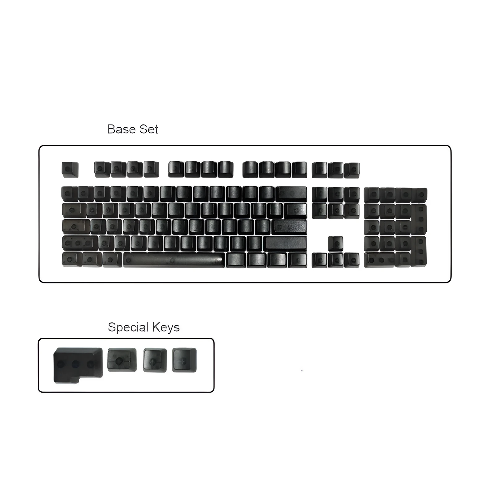 Set of 104 transparent mechanical keyboard keycaps in orange, white, blue and black colours