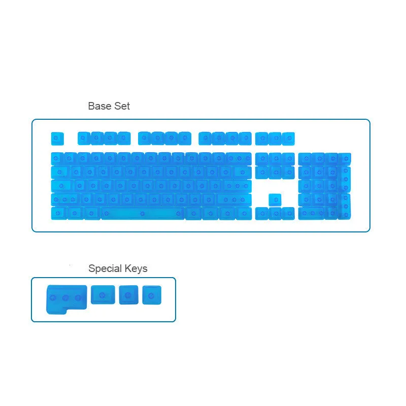 Set of 104 transparent mechanical keyboard keycaps in orange, white, blue and black colours