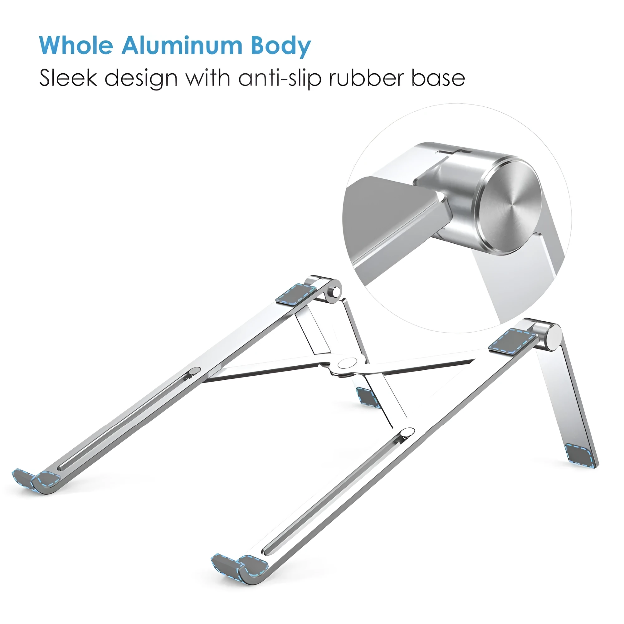 Aluminium laptop stand in black or silver, showing its 26 cm wide bracket design.