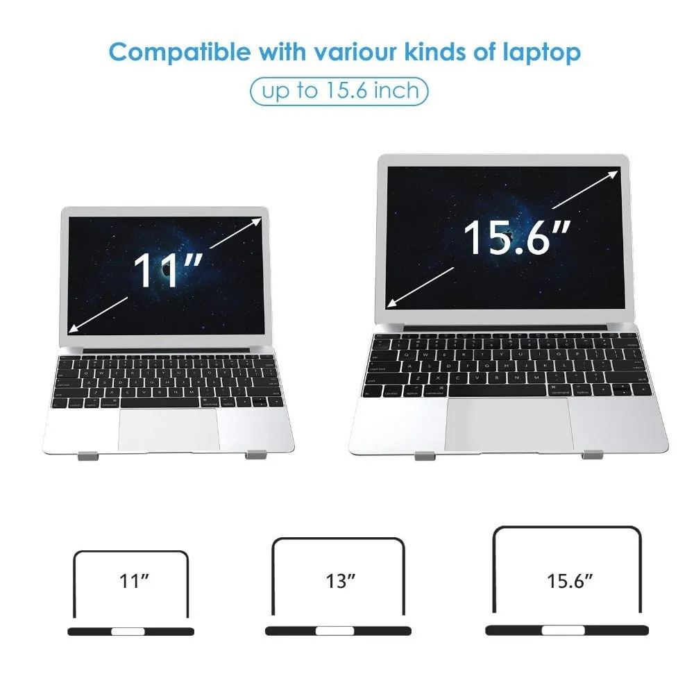 Aluminium laptop stand in black or silver, showing its 26 cm wide bracket design.
