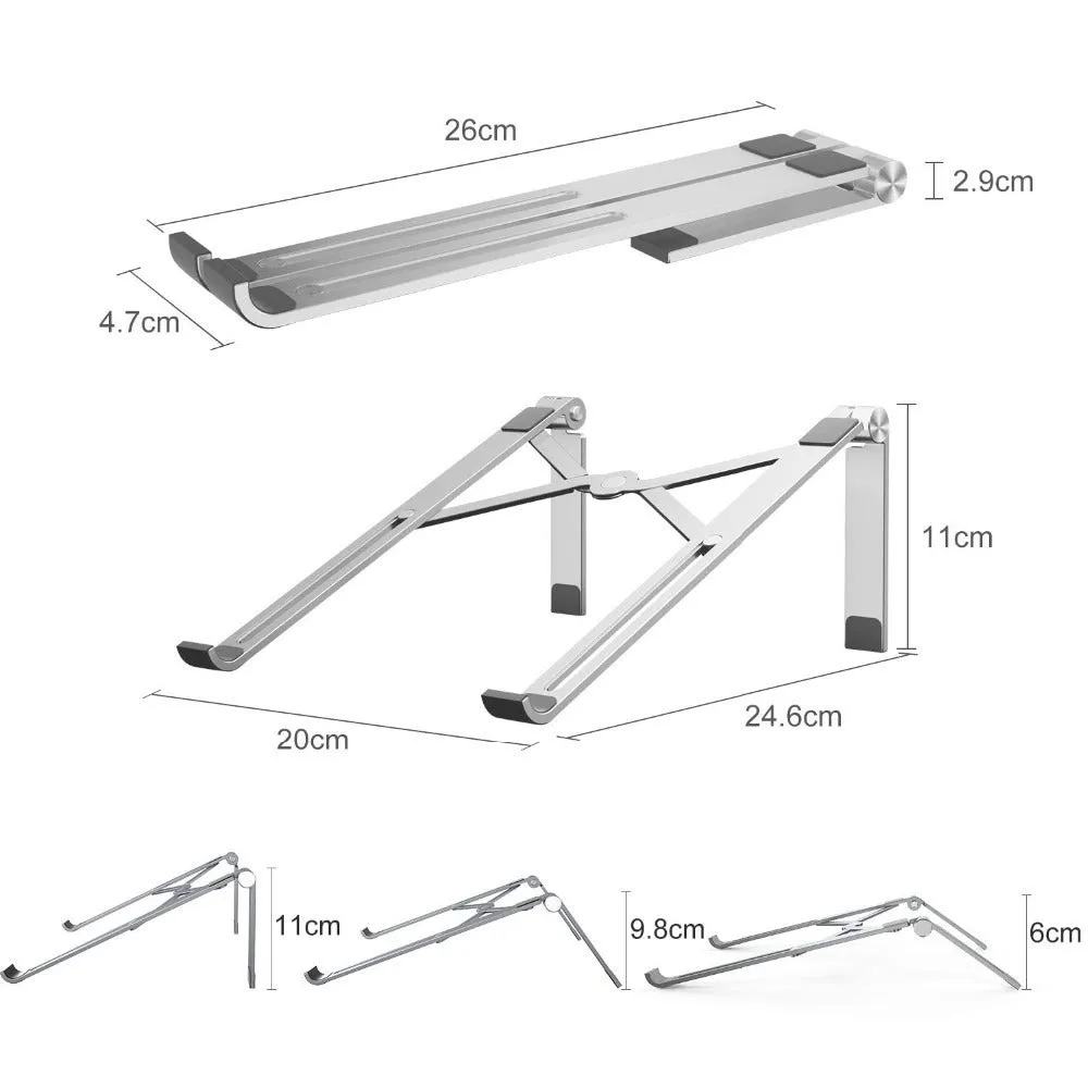 Aluminium laptop stand in black or silver, showing its 26 cm wide bracket design.