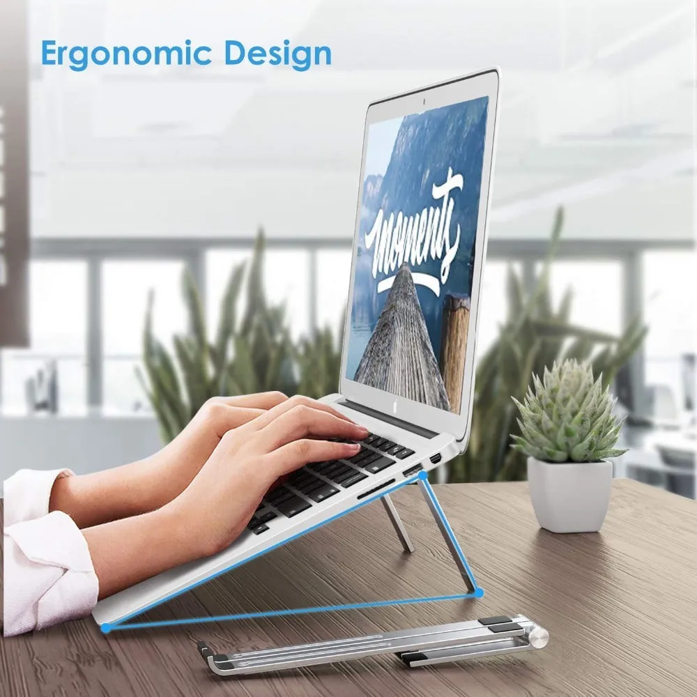 Aluminium laptop stand in black or silver, showing its 26 cm wide bracket design.