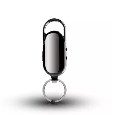Black portable voice recorder with zinc alloy shell, showing USB port and recording button.