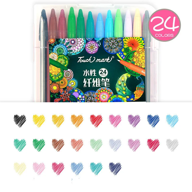 Set of Touch Mark water-based fibre pens in multiple colours with caps, arranged by a notepad.