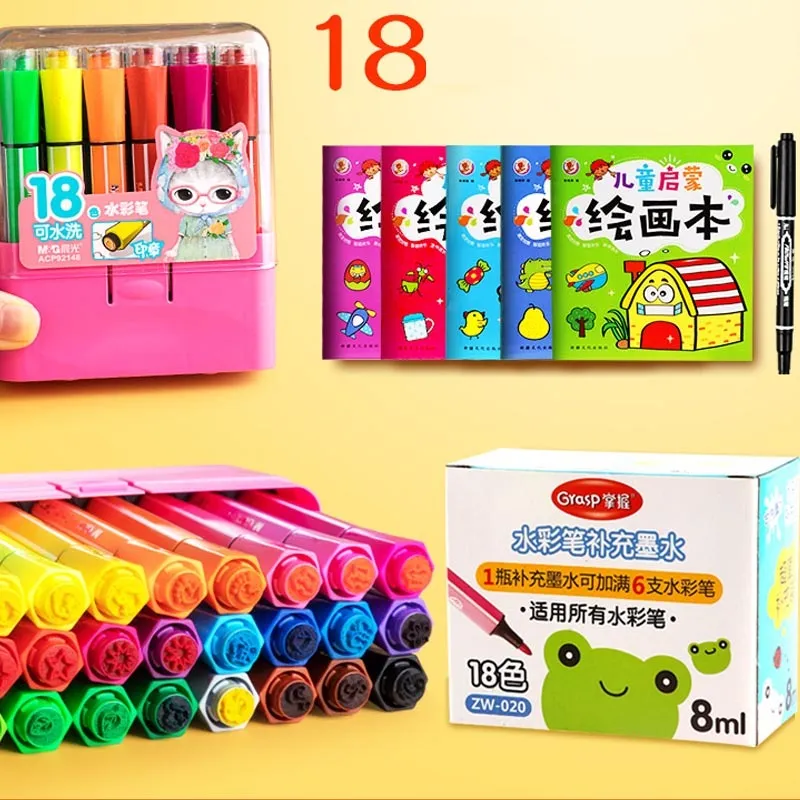 Children's washable painting brushes with hexagonal handles in blue, pink and yellow colours