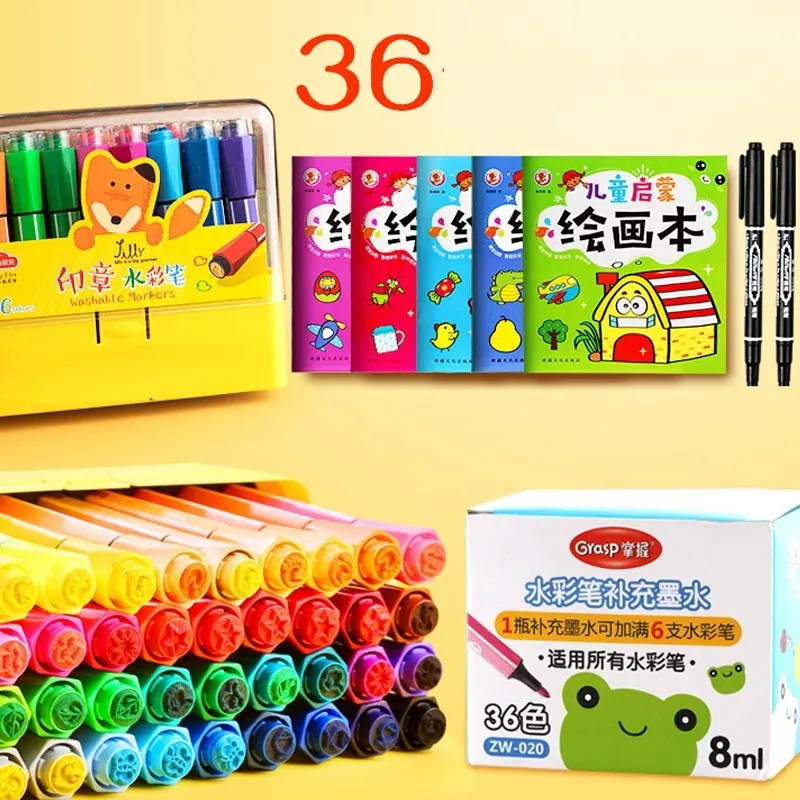 Children's washable painting brushes with hexagonal handles in blue, pink and yellow colours