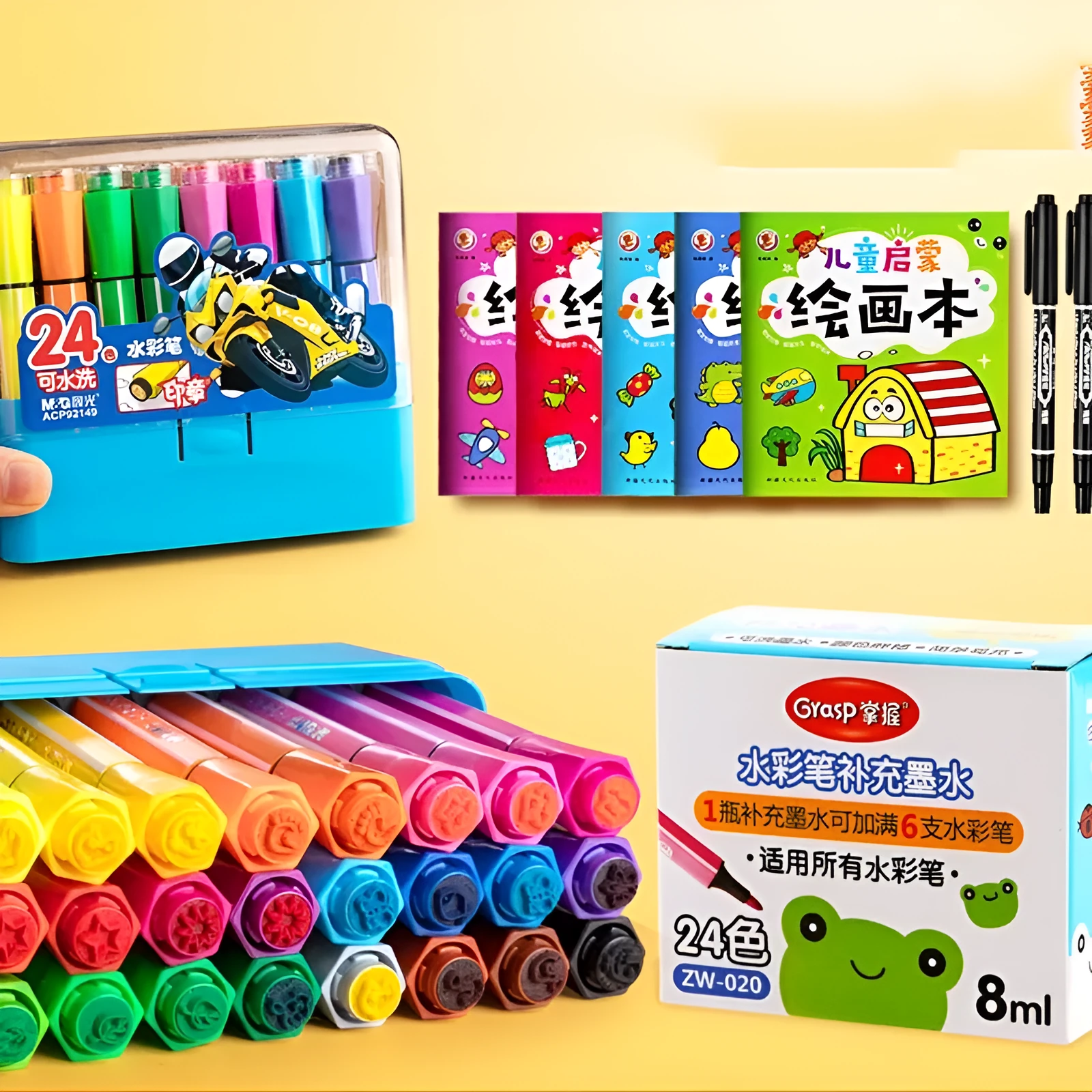 Children's washable painting brushes with hexagonal handles in blue, pink and yellow colours