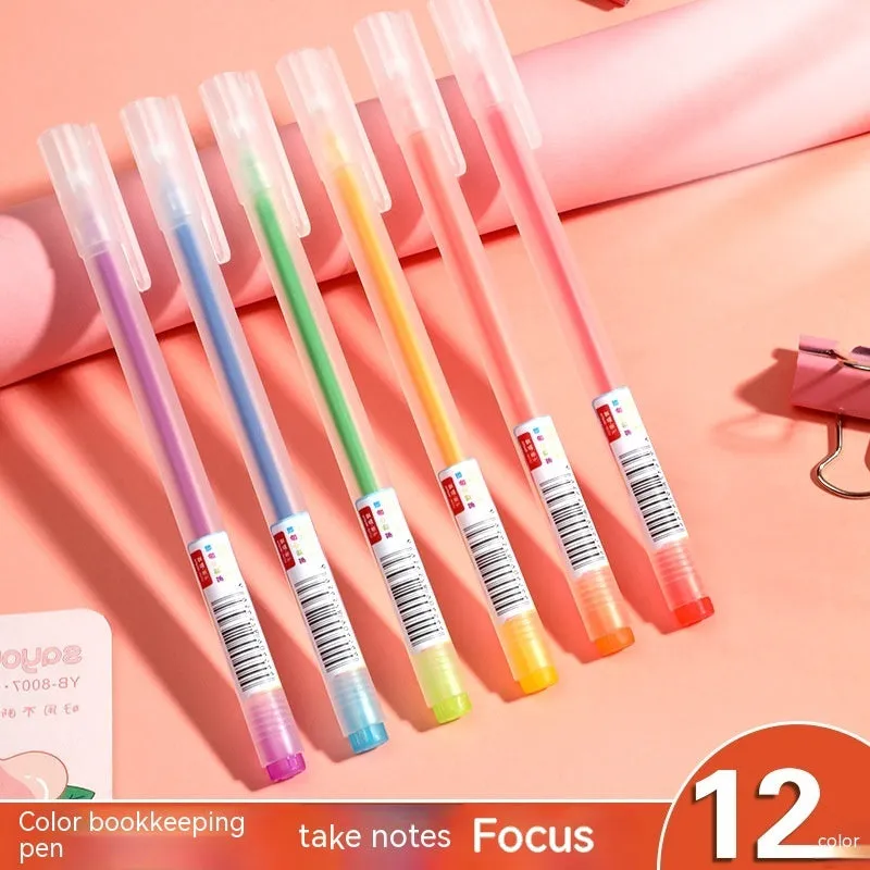 Boxed set of twelve coloured gel pens with 0.5 mm fine tips on a white background
