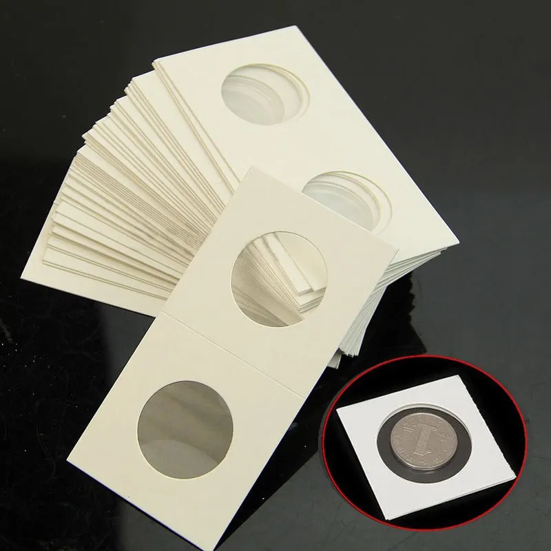 Set of 50 white paper coin protector clips for commemorative coins in a transparent OPP bag.