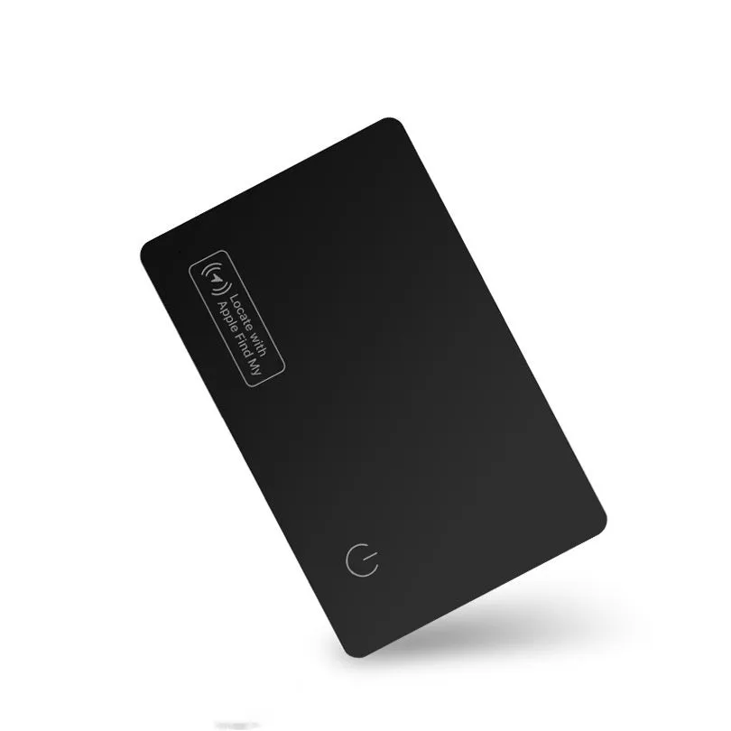 Black ultra-thin anti-loss card for Apple devices showing credit card dimensions and MFI certification