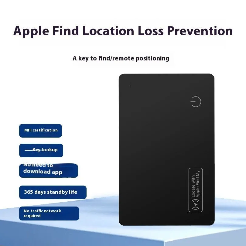 Black ultra-thin anti-loss card for Apple devices showing credit card dimensions and MFI certification