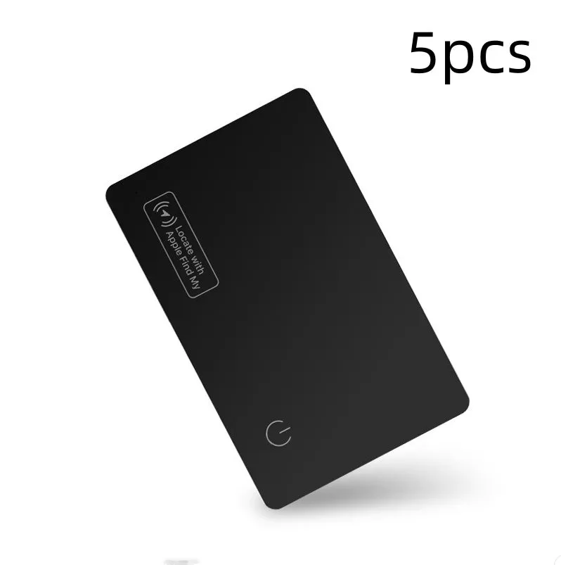 Black ultra-thin anti-loss card for Apple devices showing credit card dimensions and MFI certification
